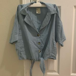 LIGHT BLUE Button Up Collared Blouse with Tie